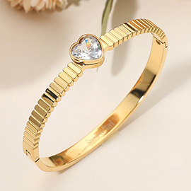 Stainless Steel Heart Stone Accent Hinged Bangle Bracelet