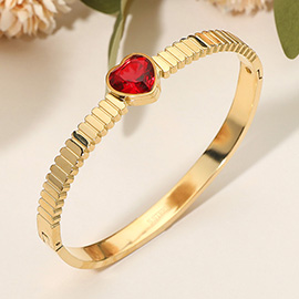 Stainless Steel Heart Stone Accent Hinged Bangle Bracelet
