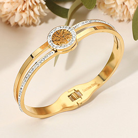 Stainless Steel Tree Of Life Accent Hinged Bangle Bracelet