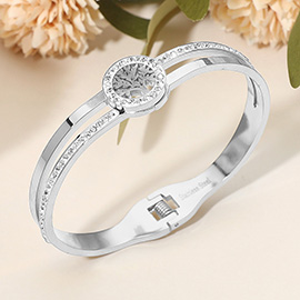 Stainless Steel Tree Of Life Accent Hinged Bangle Bracelet