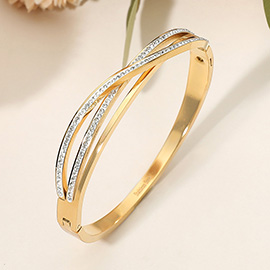 Stainless Steel Stone Paved Crisscross Hinged Bangle Bracelet
