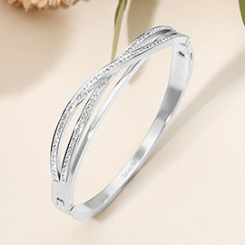 Stainless Steel Stone Paved Crisscross Hinged Bangle Bracelet