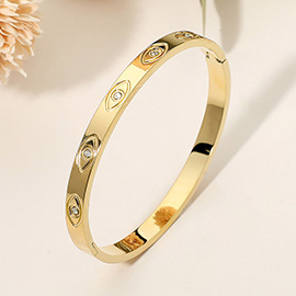 SECRET BOX_Stainless Steel Stone Accent Evil Eye Engraved Hinged Bangle Bracelet