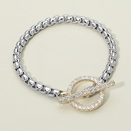 14K Gold Plated CZ Stone Paved Toggle Accent Bracelet