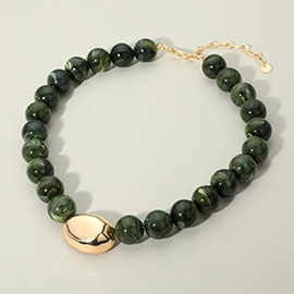 Polished Metal Bean Accent Bold Marbled Ball Beaded Statement Necklace