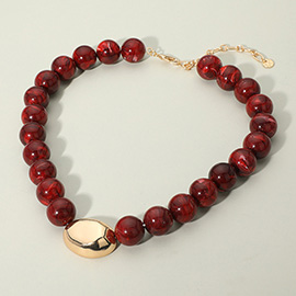 Polished Metal Bean Accent Bold Marbled Ball Beaded Statement Necklace