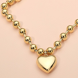 SECRET BOX_Stainless Steel Puffy Heart Pendant Beaded Chain Necklace