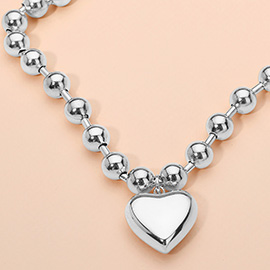 SECRET BOX_Stainless Steel Puffy Heart Pendant Beaded Chain Necklace