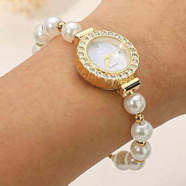 SECRET BOX_Stainless Steel Adjustable Pearl Strap Cinch Pull Tie Rhinestone Paved Rim Quartz Watch