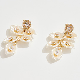 14k Gold Dipped Teardrop CZ Stone Accent Pearly Petal Drop Earrings