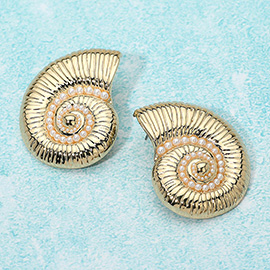 Pearl Paved Textured Metal Spiral Seashell Statement Earrings