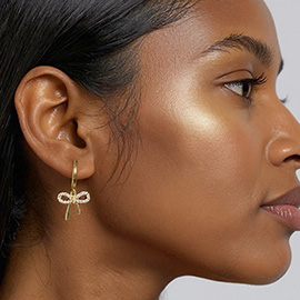 14K Gold Dipped CZ Stone Paved Bow Dangle Huggie Hoop Earrings