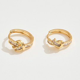 14K Gold Dipped CZ Stone Knot Huggie Hoop Earrings