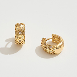 14K Gold Dipped CZ Stone Paved Quilted Mini Huggie Hoop Earrings