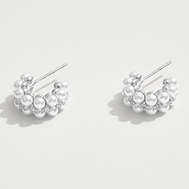 White Gold Dipped Pearl Cluster Mini Hoop Earrings