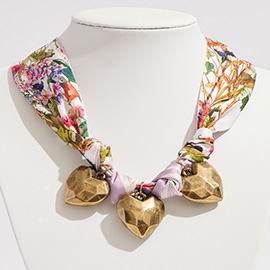 Gold Dipped Triple Puffy Heart Charm Fabric Scarf Necklace Adjustable Bracelet Bag Charm