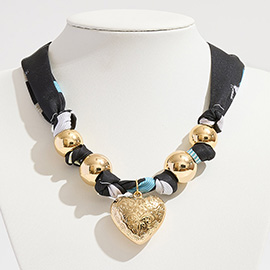 Gold Dipped Puffy Textured Heart Charm Accent Scarf Necklace / Adjustable Bracelet / Bag Charm