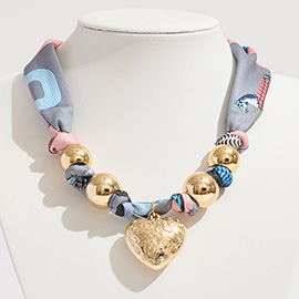 Gold Dipped Puffy Textured Heart Charm Accent Scarf Necklace / Adjustable Bracelet / Bag Charm