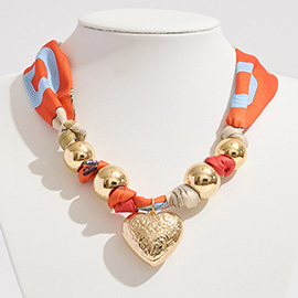 Gold Dipped Puffy Textured Heart Charm Accent Scarf Necklace / Adjustable Bracelet / Bag Charm