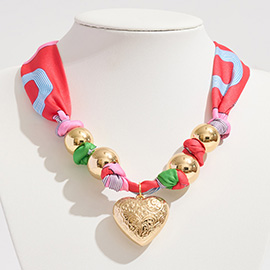 Gold Dipped Puffy Textured Heart Charm Accent Scarf Necklace / Adjustable Bracelet / Bag Charm