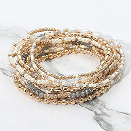 12PCS - Pearl Metal Ball Seed Faceted Beaded Stretch Multi Layered Bracelets