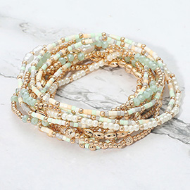 12PCS - Pearl Metal Ball Seed Faceted Beaded Stretch Multi Layered Bracelets