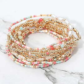 12PCS - Pearl Metal Ball Seed Faceted Beaded Stretch Multi Layered Bracelets
