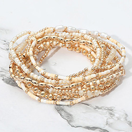 12PCS - Pearl Metal Ball Seed Faceted Beaded Stretch Multi Layered Bracelets