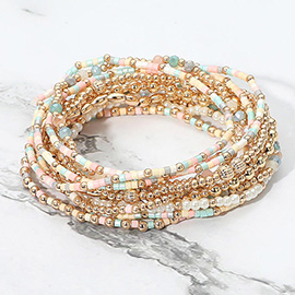 12PCS - Pearl Metal Ball Seed Faceted Beaded Stretch Multi Layered Bracelets