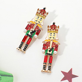 Stone Embellished Pearl Pointed Enamel Nutcracker Earrings