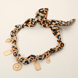 Brushed Metal Charm Station Leopard Print Fabric Scarf Adjustable Necklace