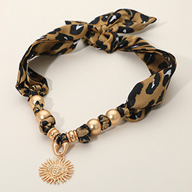 Brushed Metal Sunburst Pendant Charm Leopard Print Fabric Scarf Adjustable Necklace