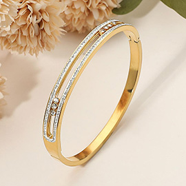 SECRET BOX_Stainless Steel Stone Paved Split Hinged Bangle Bracelet