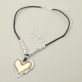 Two Tone Bold Heart Pendant Beaded Cord Necklace