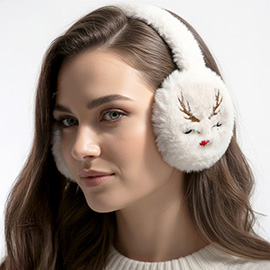 Faux Fur Plush Reindeer Embroidered Earmuffs
