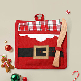3PCS - Holiday Plaid Kitchen Towel Santa Potholder Wooden Spreader Set