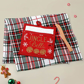 3PCS - Holiday Plaid Kitchen Towel JINGLE BELL Message Potholder Wooden Spreader Set