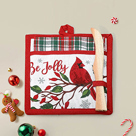 3PCS - Holiday Plaid Kitchen Towel BE JOLLY Message Cardinal Potholder Wooden Spreader Set