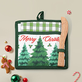 3PCS - Holiday Plaid Kitchen Towel Christmas Trees Potholder Wooden Spreader Set