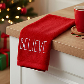 BELIEVE Message Embroidered Festive Holiday Hand Towel