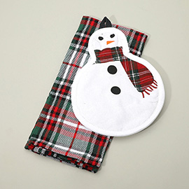 2PCS - Holiday Plaid Kitchen Towel Snowman Pot Holder Set