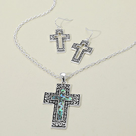 Ornate Detailing Abalone Cross Pendant Necklace