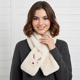 Faux Fur Plush Reindeer Embroidered Pull Through Scarf