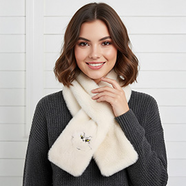 Faux Fur Plush Grinch Embroidered Pull Through Scarf