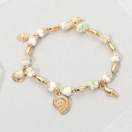 Metal Shell Puka Shell Starfish Charm Station Ceramic Ball Beaded Stretch Bracelet
