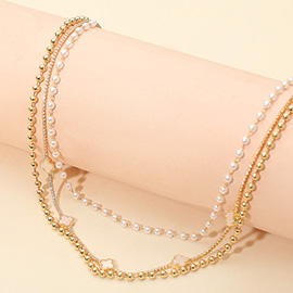 Quatrefoil Charm Station Pearl Beaded Chain Layered Choker Necklace
