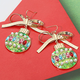 Ribbed Metal Bow Accent Festive Christmas Ornament Dangle Earrings