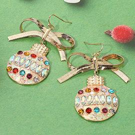 Ribbed Metal Bow Accent Festive Christmas Ornament Dangle Earrings