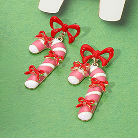 Enamel Bow Candy Cane Dangle Earrings