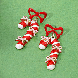 Enamel Bow Candy Cane Dangle Earrings